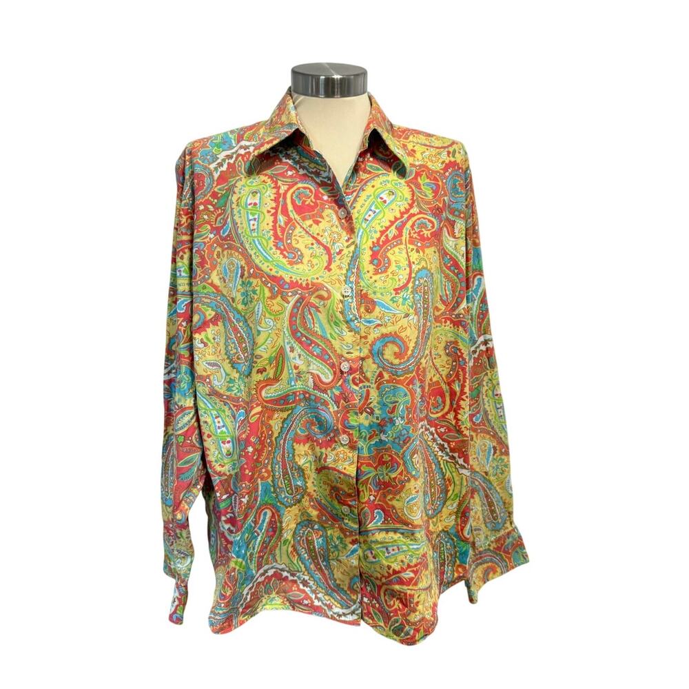 Vintage 90s Ralph Lauren Womens 2X Rainbow Paisley Collared Button Shirt Cotton